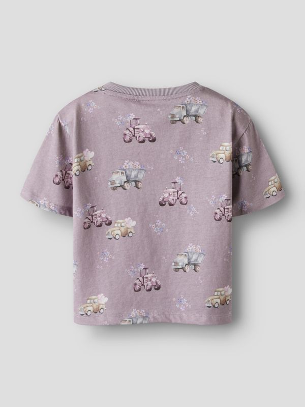 Nmfhelga lilla t-skjorte med kjøretøy og blomster